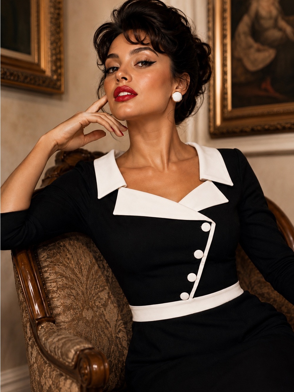 MUXXN Size 2 1950s Retro Wiggle Pencil Dress Black White Rockabilly Pinup